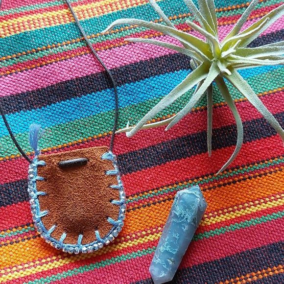 Leather Mini Mojo Bag Necklace by Rust Belt Raised Moss Agate Necklace - Picture 12 of 16